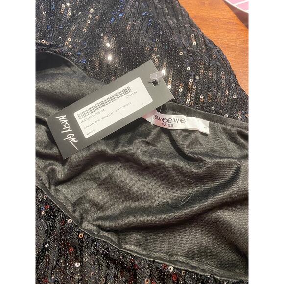 Nasty Gal One Shoulder Long Sleeve Black Sequin Mini Dress Size Large New - Picture 9 of 9